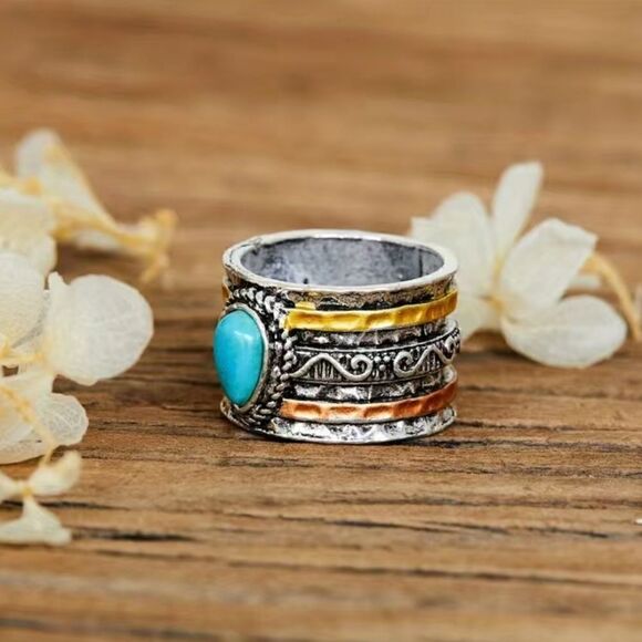 Vintage Wide Style Ring with Turquoise Color Stone Inlays - Picture 5 of 9